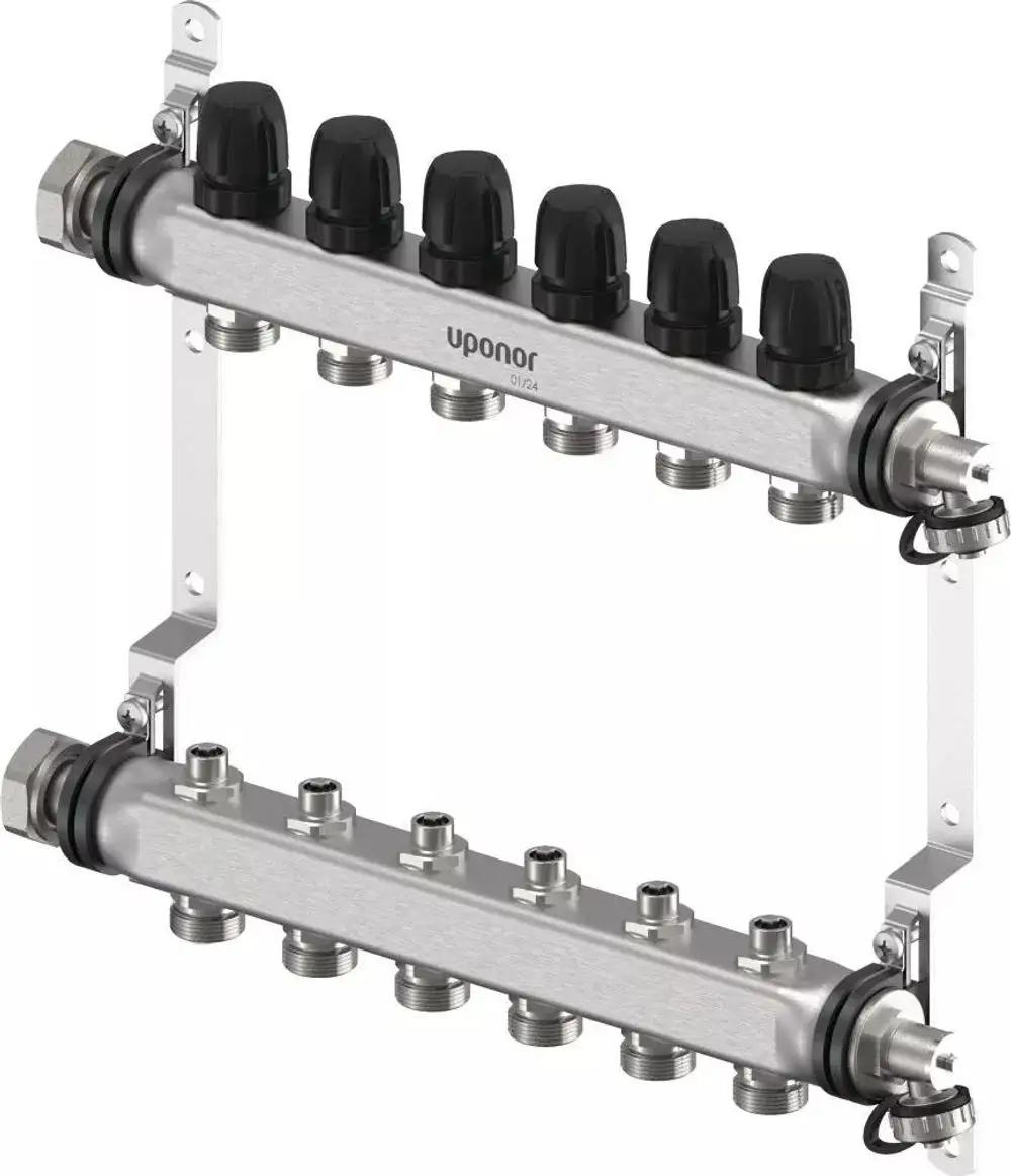 Verteiler von Uponor mit mehreren Anschlüssen, aufgebaut in zwei Reihen. Sichtbare Anschlüsse zur Anbindung an Heizungs- oder Wasserverteilersysteme.